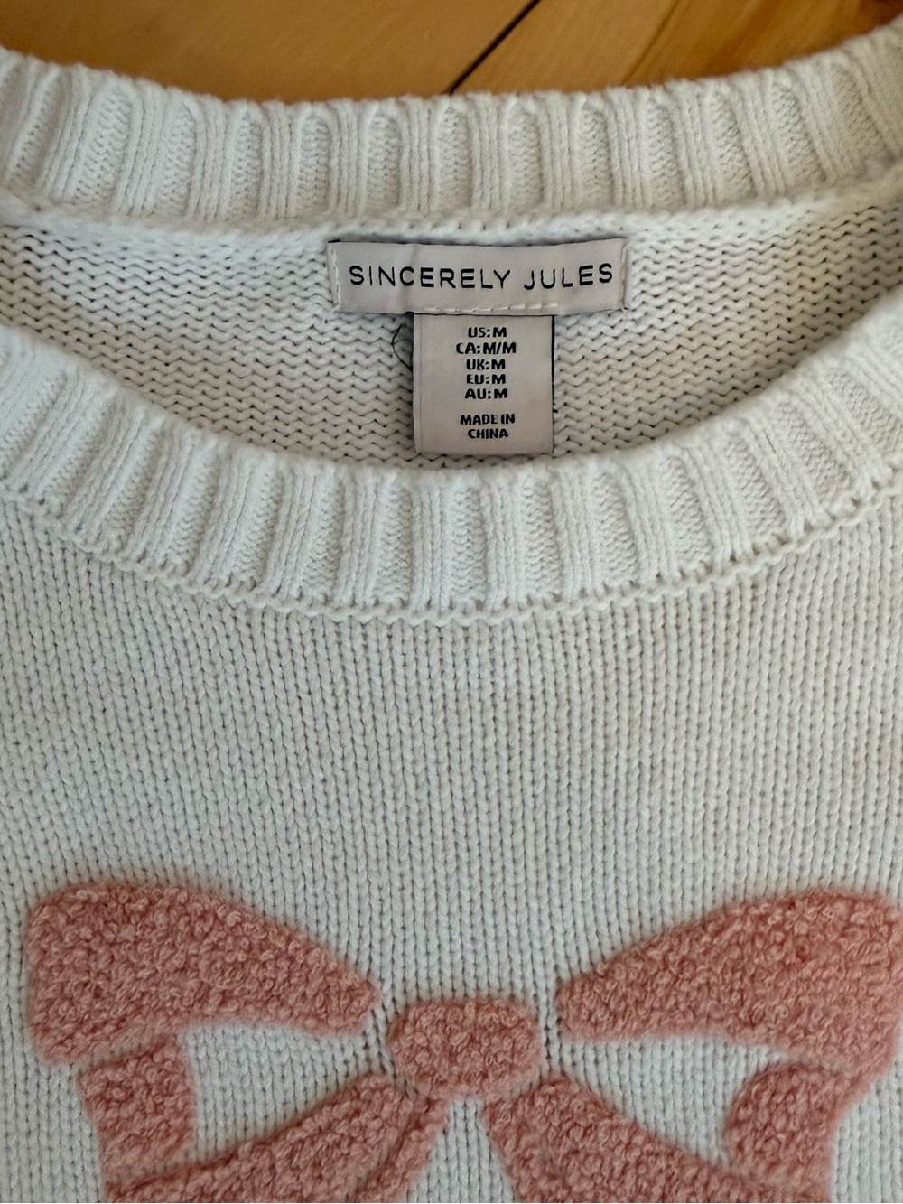 Sincerly Jules Cream Crewneck Sweater with Pink Bow - Picture 2 of 4